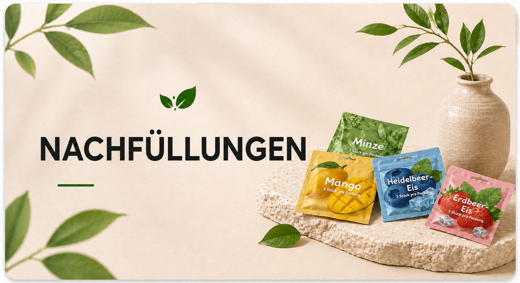 Nachfüllungen für dein rauchfreies Ritual – natürliche Aromen in den Geschmacksrichtungen Minze, Mango, Heidelbeer-Eis und Erdbeer-Eis.