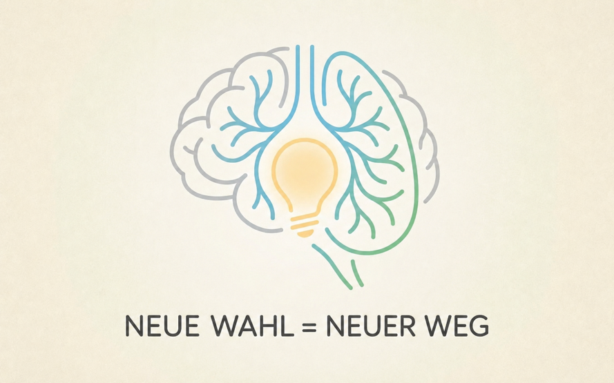 Minimalistische Illustration eines Gehirns mit Lichtsymbol und dem Text „Neue Wahl = neuer Weg“.