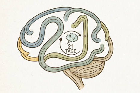 Illustration eines Gehirns mit dem Text „21 Tage“, das symbolisch zeigt, wie Wiederholung und neue Routinen alte Gewohnheiten verändern können.