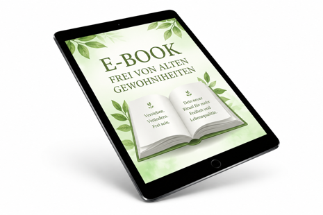 Tablet mit dem E-Book „Frei von alten Gewohnheiten“ im grünen, natürlichen Design.
