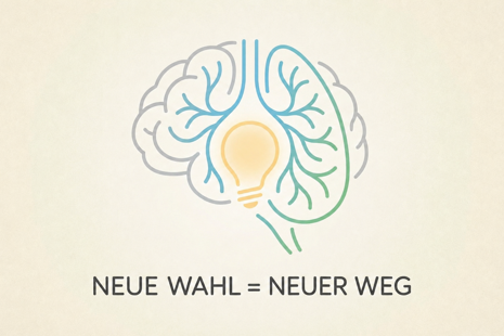 Minimalistische Illustration eines Gehirns mit Lichtsymbol und dem Text „Neue Wahl = neuer Weg“.